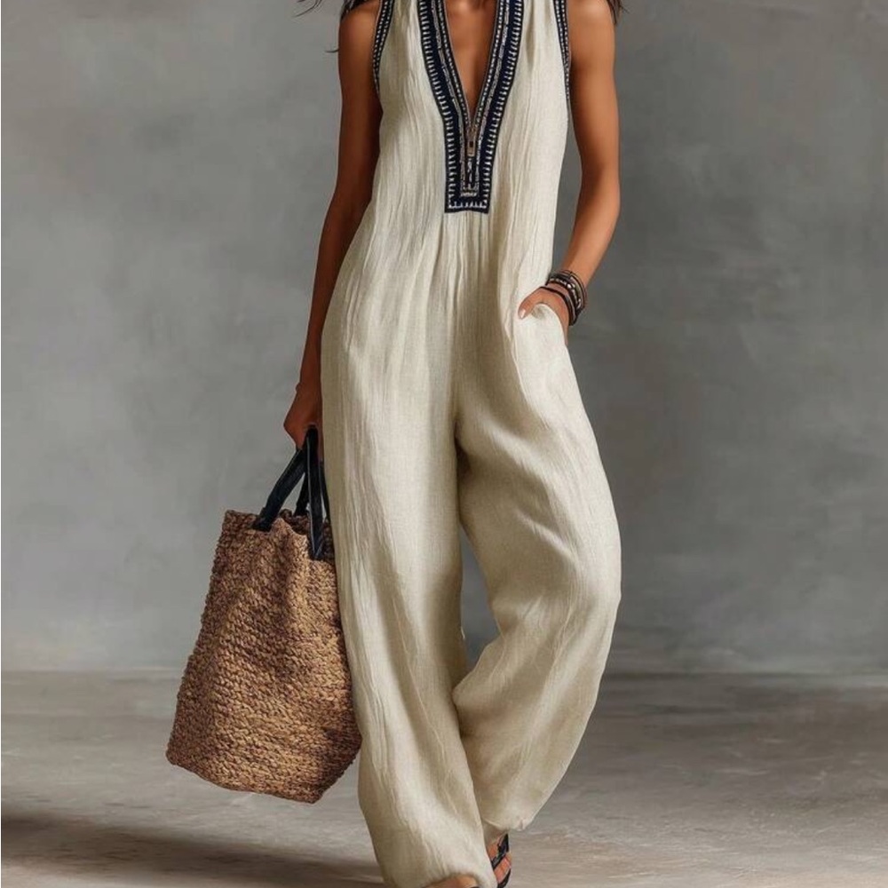 Sleeveless Cream V-Neck Embroidered Jumpsuit
